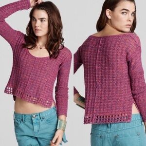 Free People Crochet Open Knit Long Sleeve Cropped Boho Beach Sweater Sz S